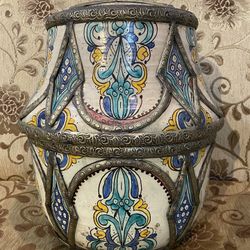 MOROCCAN CERAMIC COVERED JAR - WITH SILVER FILIGREE  OVERLAY - FULL HEIGHT 15
