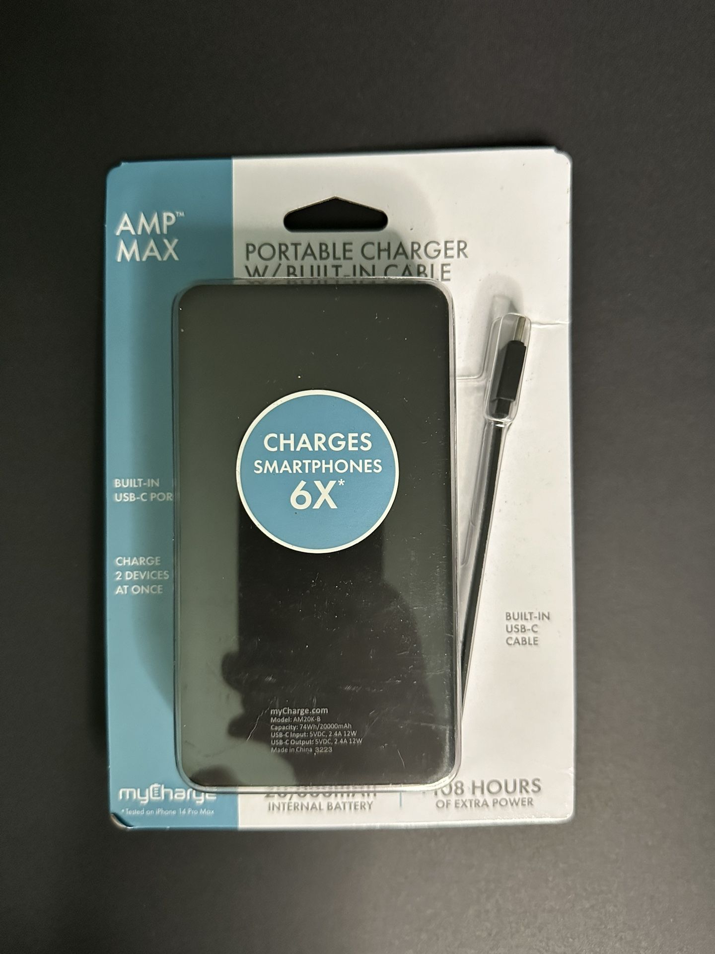 MyCharge Amp Max Portable Charger w/Built-in USB-C Cable 20000mAh NEW