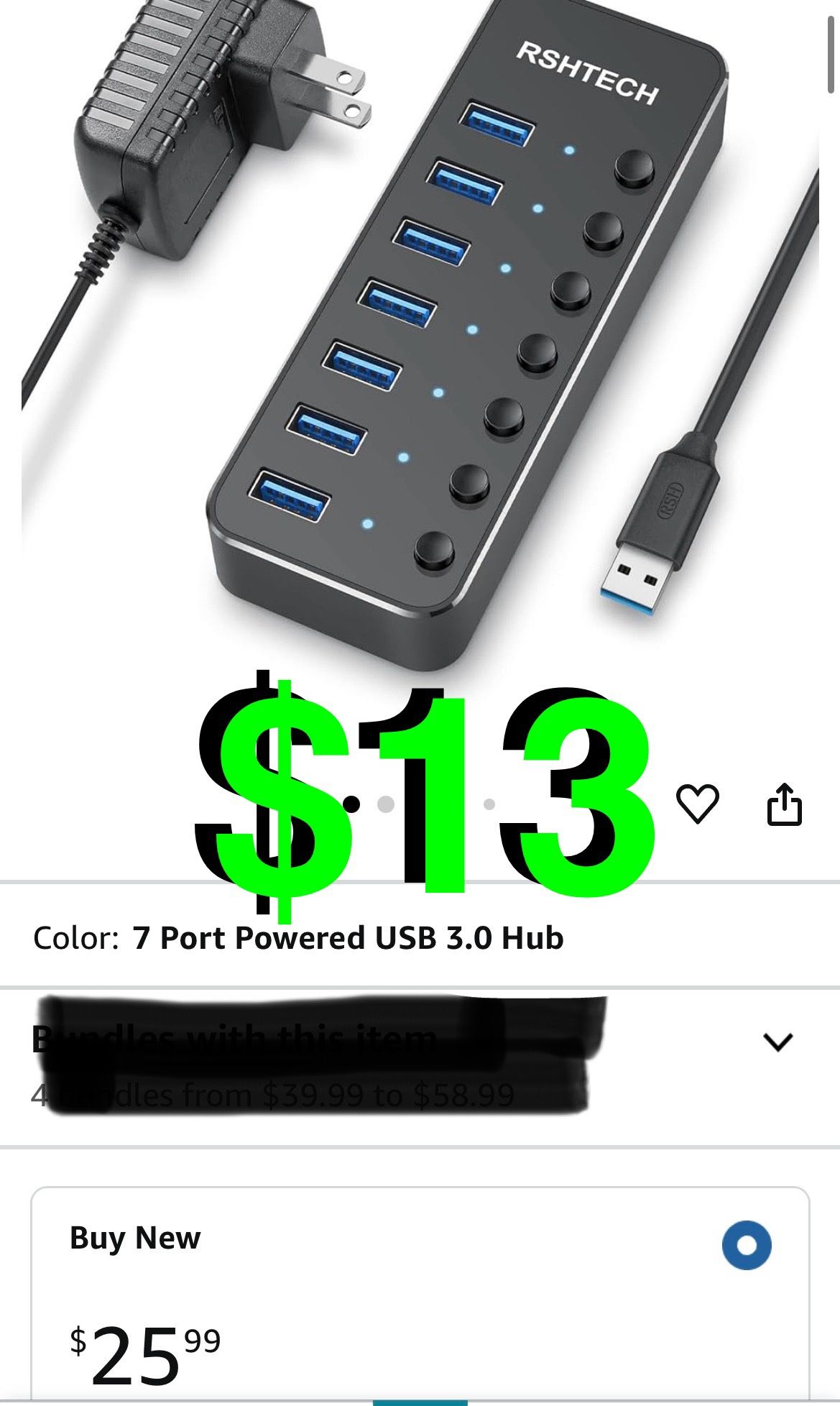 RSHTECH - USB 3.0 Hub, RSHTECH 7 Port Powered USB Hub Expander Aluminum USB 3.0 Data Port hub with Universal 5V AC Adapter and Individual On/Off Switc