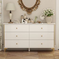 6-Drawer White Wooden Dresser, Make Up Vanity, Bedside Chest, 63in.W x 15.7in.D x 30in.H
