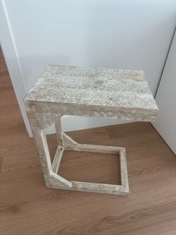 Whitewashed Wood Carved Side Table Natural wood side table Hight-22 inches Depth-17 inches Wide- 11,5 inches Natural wood