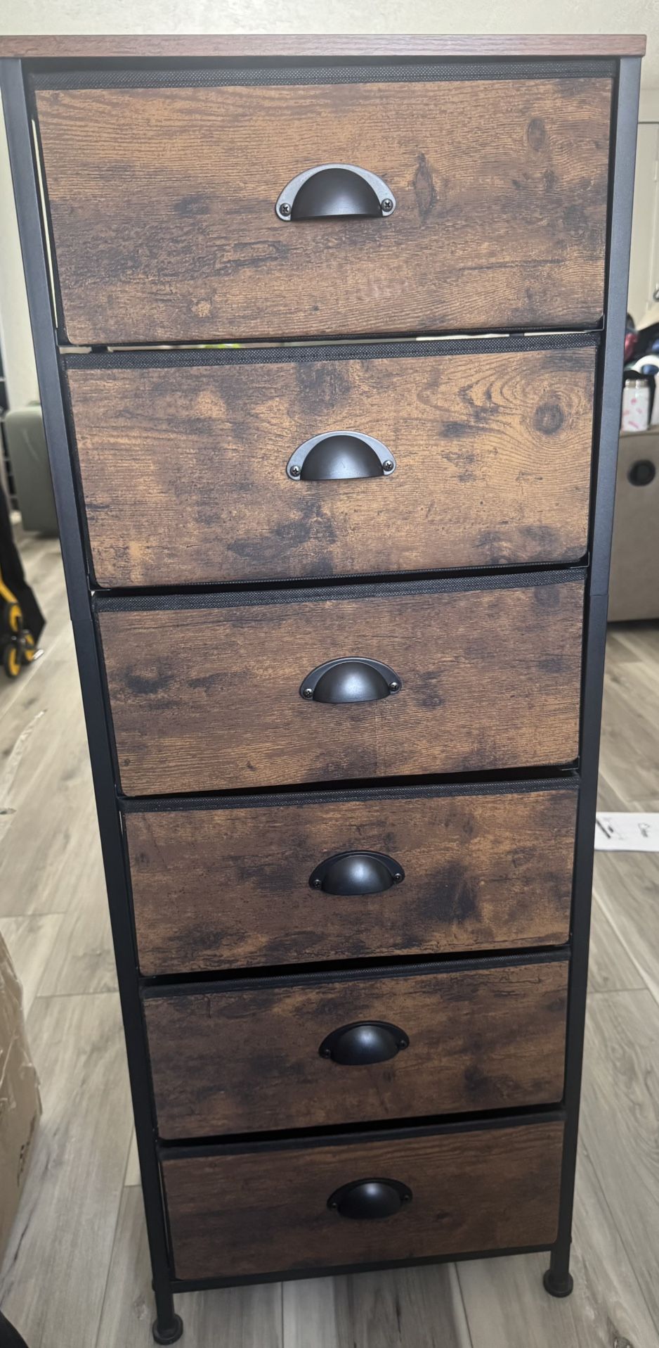 Furnulem Tall Dresser with 6 Drawers,Vertical End Table and Nightstand for Bedroom,Industrial Dorm Bedside Furniture with Fabric Storage Drawer Organi