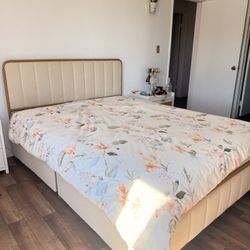 Modern Upholstered Queen Bed Frame – Gold & Cream