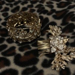 Fancy Gold Hair Piece And Gold Bagel Bracelet 