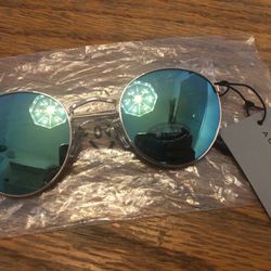 New Zara Gold Frame Sunglasses & Mirror Teal Green Lenses