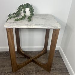 Wood & Marble Top Nightstand / Accent Table / End Table.  H-24” L-18” W-14” handcrafted in India 