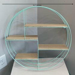 Freshly Painted Pale Sea Foam Green Round Metal Hanging Shelf Unit with 4 Light Wood Shelves
