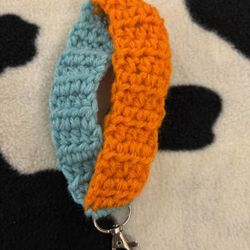 Handmade Crochet Wrist Size Lanyard Orange And Teal 