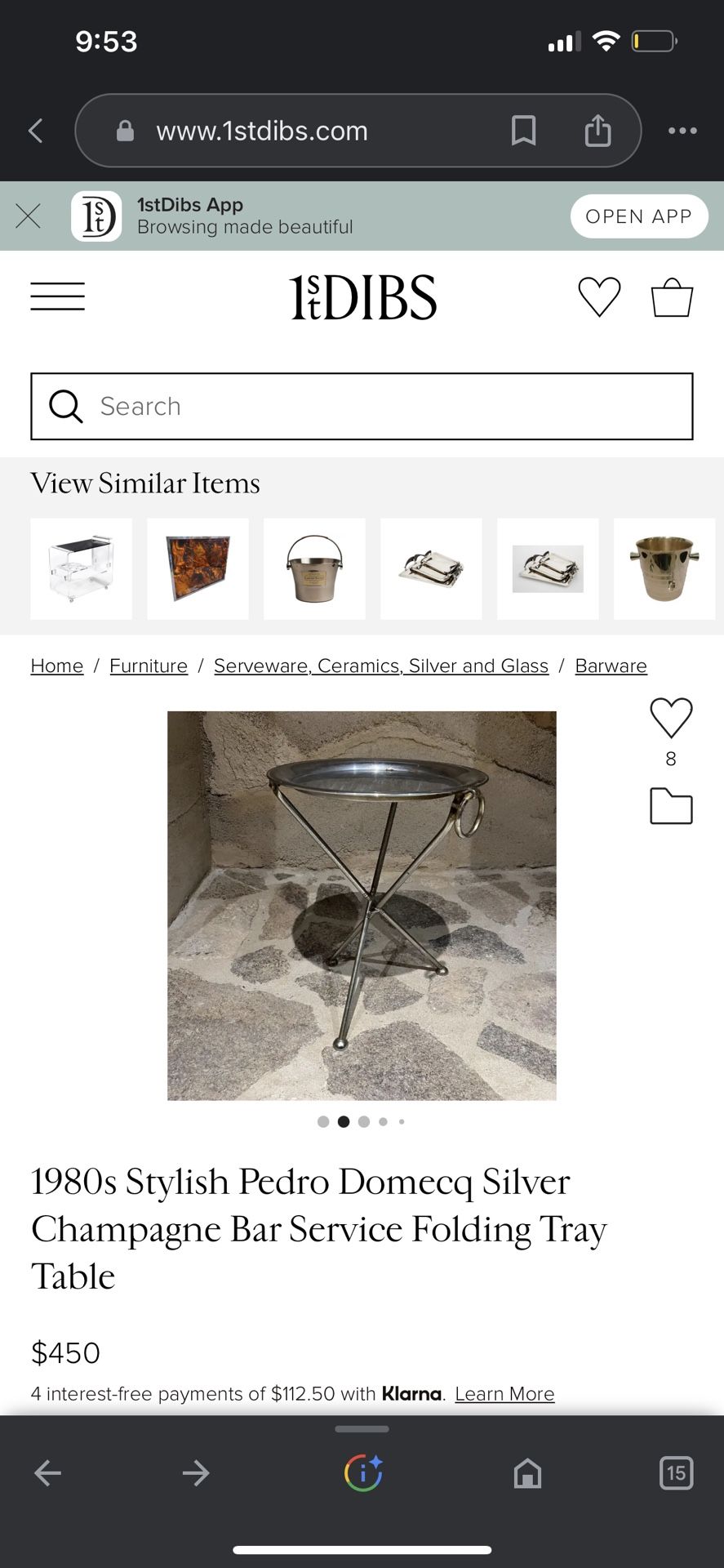 1980s Stylish Pedro Domecq Silver Champagne Bar Service Folding Tray Table