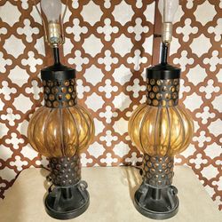 Pair Of Vintage 60’s Spanish Blown Glass Table Lamps 