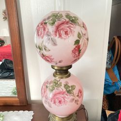 Gone With The Wind Hand Painted Pink Roses Milk Glass Hurricane Lamp 24” 3 Way