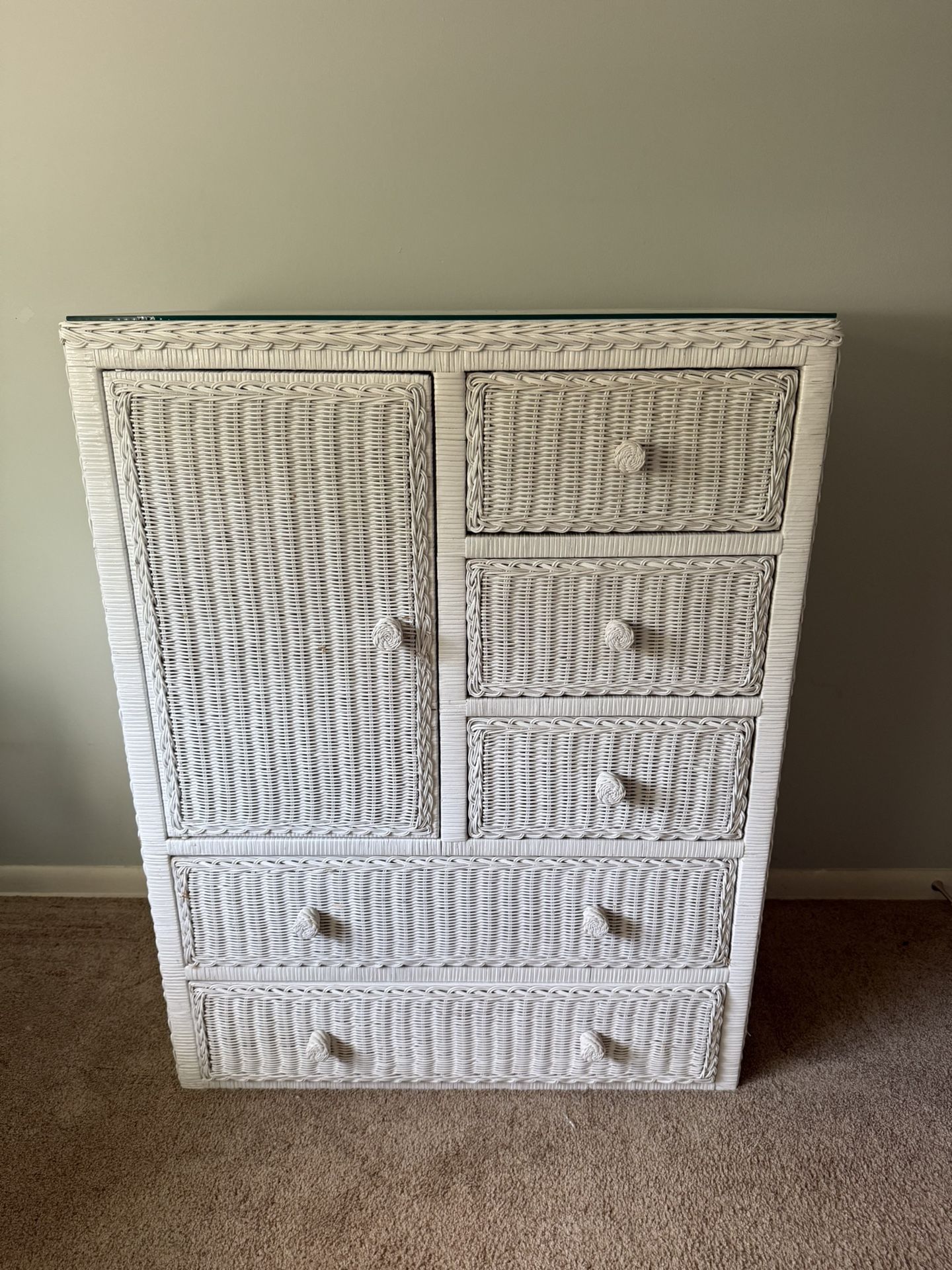 White Wicker Dresser With Door And Shelves With Glass To. Matching 3 Drawer Small Chest.