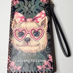 Cute Yorkie Terrier ShizTzu Dog Puppy Wristlet Purse Bag Wallet