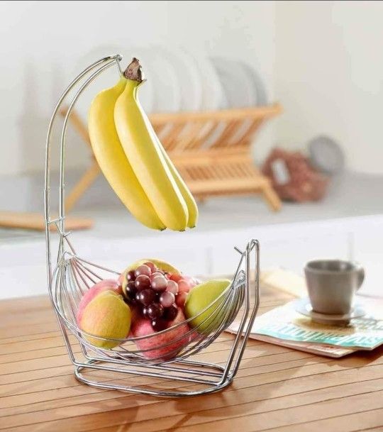 NEW! Silver Metal Fruit basket with Banana Hanger