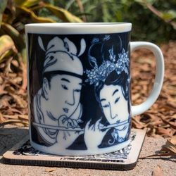 Vintage Sato Gordon Japanese Blue & White Ceramic Mug – "Man & Woman with Flute" Design