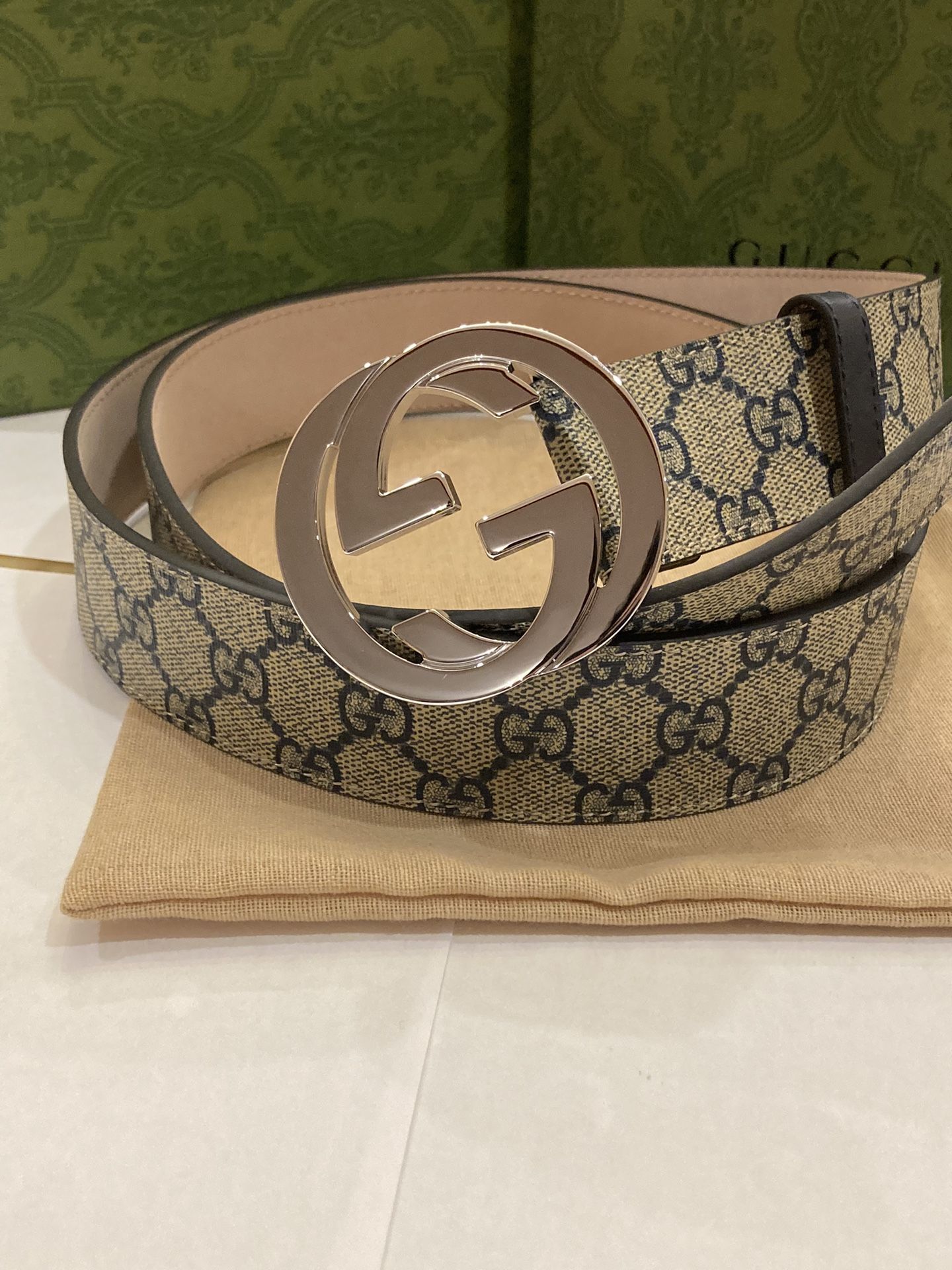 Gucci Beige Blue Supreme Belt With Silver Buckle for Sale in