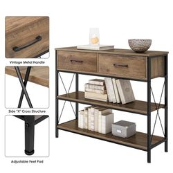 Industrial Console Table with Drawers, Vintage Hallway Foyer Table with Storage Shelves, Narrow Long Sofa Entryway Table for Living Room, Ru