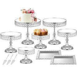 12 Pieces Silver Cake Stand Set, Vintage Cake Display Stand with Crystal Edge and Cupcake Display Tray, Dessert Table Display Set for Wedding Party Ba