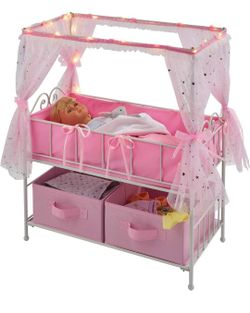 Metal Doll Crib w/ Canopy, Storage & LED Lights Pink/White Stars – Fits Dolls up to 20 inches