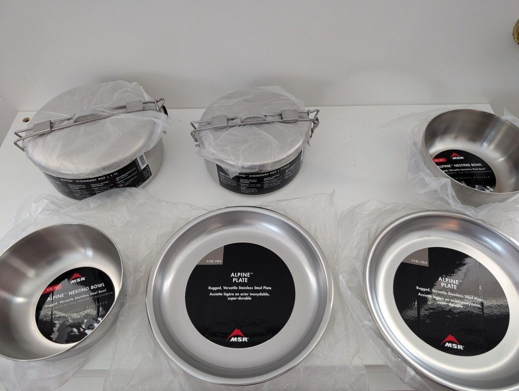 MSR Alpine Cook Set. Stowaway Pots Bowls Plates. Stainless Steel 
