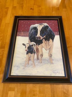 First Christmas cow framed print. Signed Bonnie Mohr. Farmhouse/ cottage/ country.