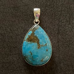 Natural Genuine Turquoise Teardrop Gemstone Sterling Silver 2” Pendant