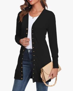 Black Long Cardigan Sweaters for Women Open Front Snap Button Knit Ribbed Cardigans Outfits