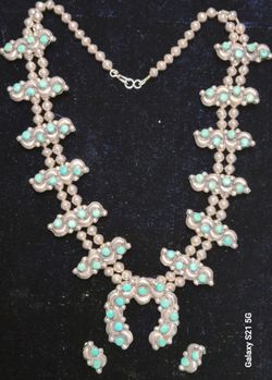 Authentic Navajo Sterling Silver & Turquoise Necklace & Earrings