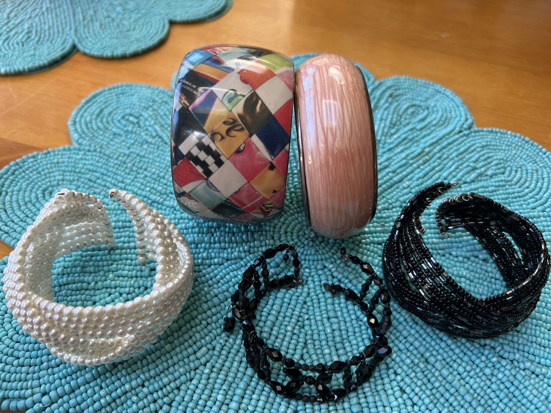 5 Bangle CUFF BRACELETS PINK EMAMEL& Abstract On Brass 3 Stretch Black Jet Seed Pearls