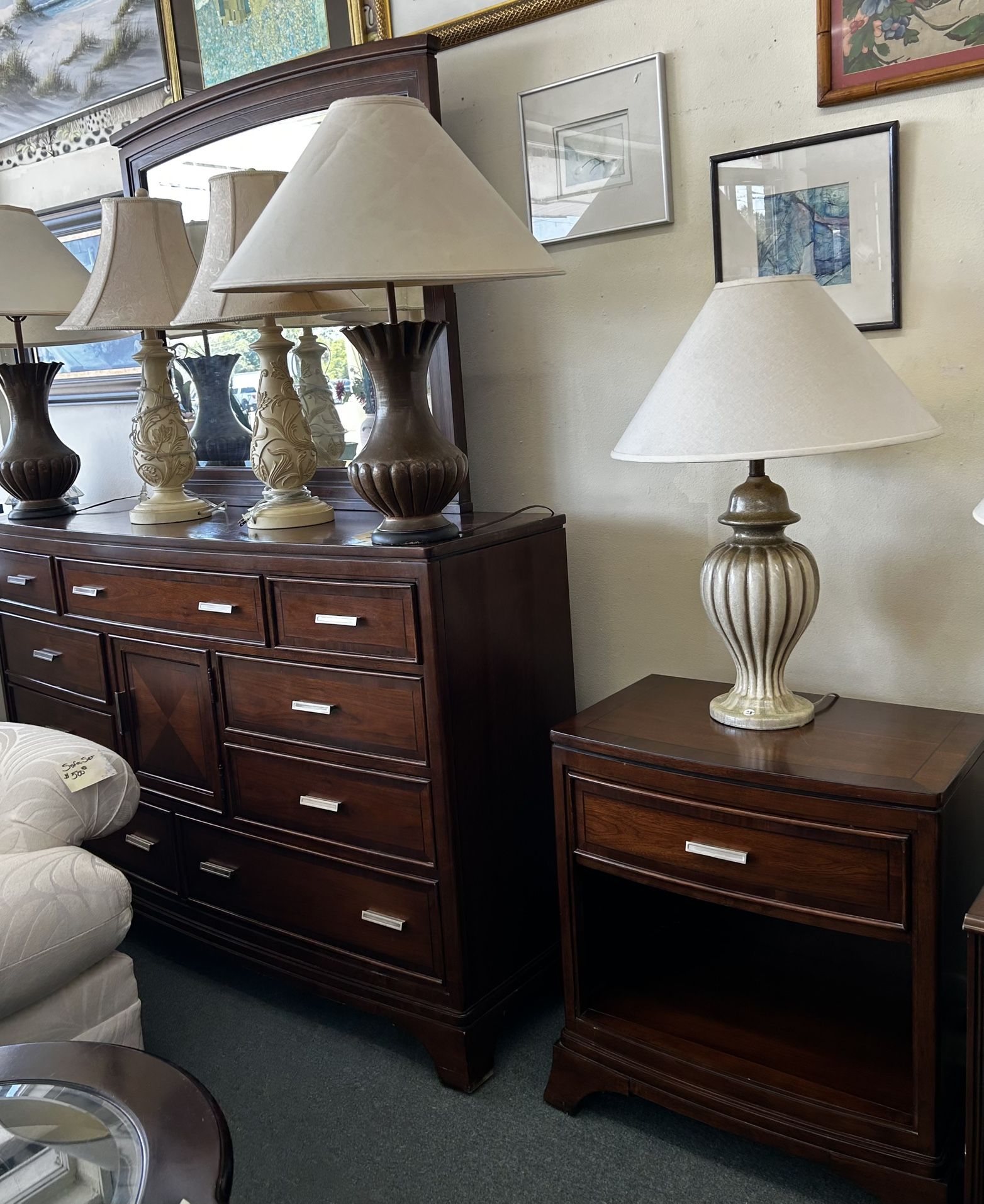 American Drew Furniture Estate Bedroom Set Triple Dresser with Mirror & Drawer Nightstand
