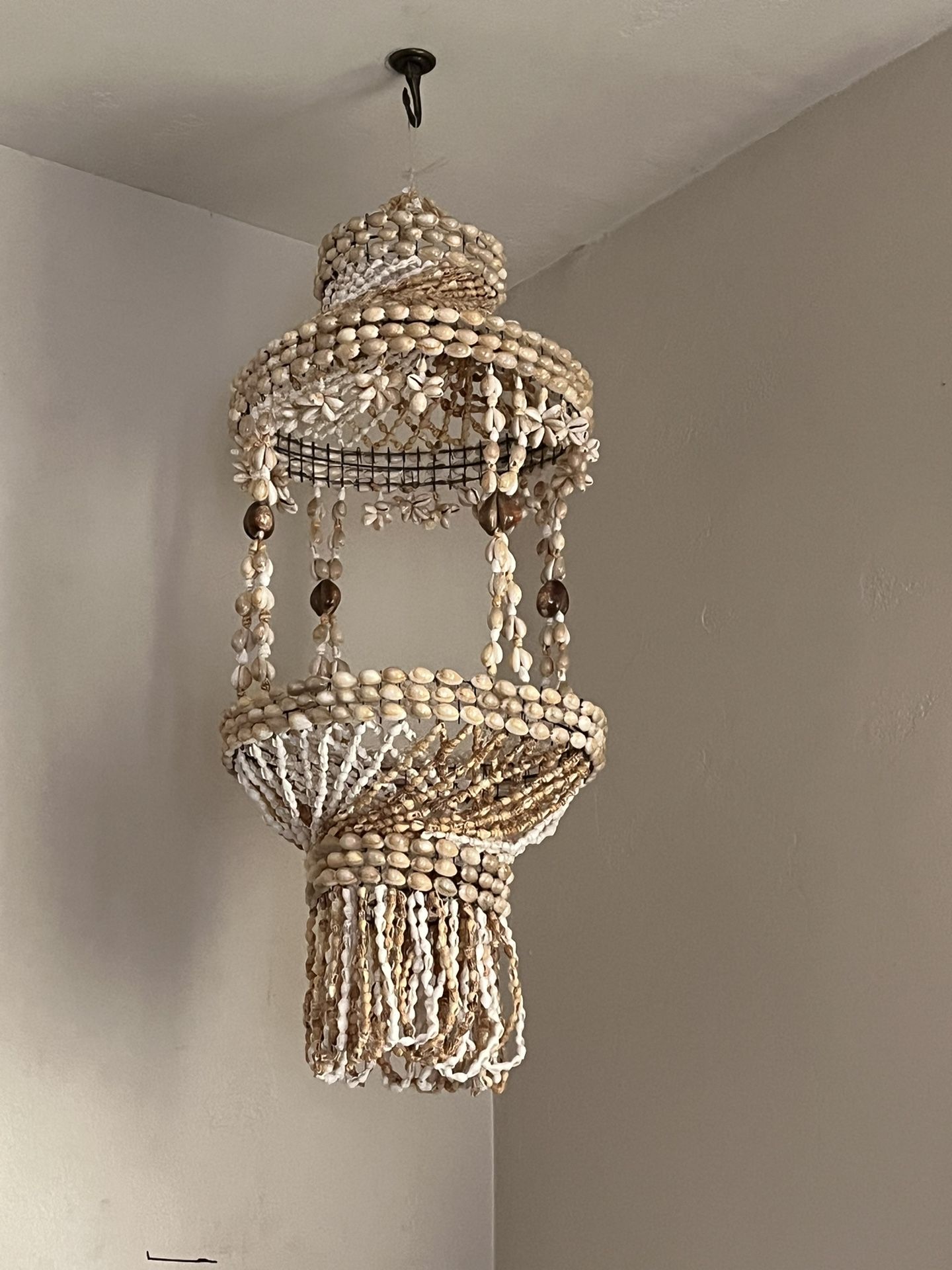 Vintage Sea Shell Macrame Chandelier Hanging Plant Holder Beach Decor 26" by 10”