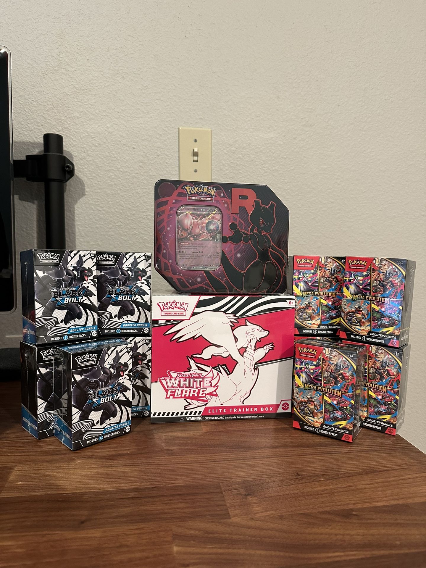 Pokemon Mega Evolution Booster Bundle, Black Bolt Booster Bundle, White Flare ETB, and Destined Rivals Tin