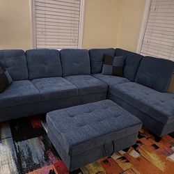 Blue Microfiber Sectional Couch And Ottoman
