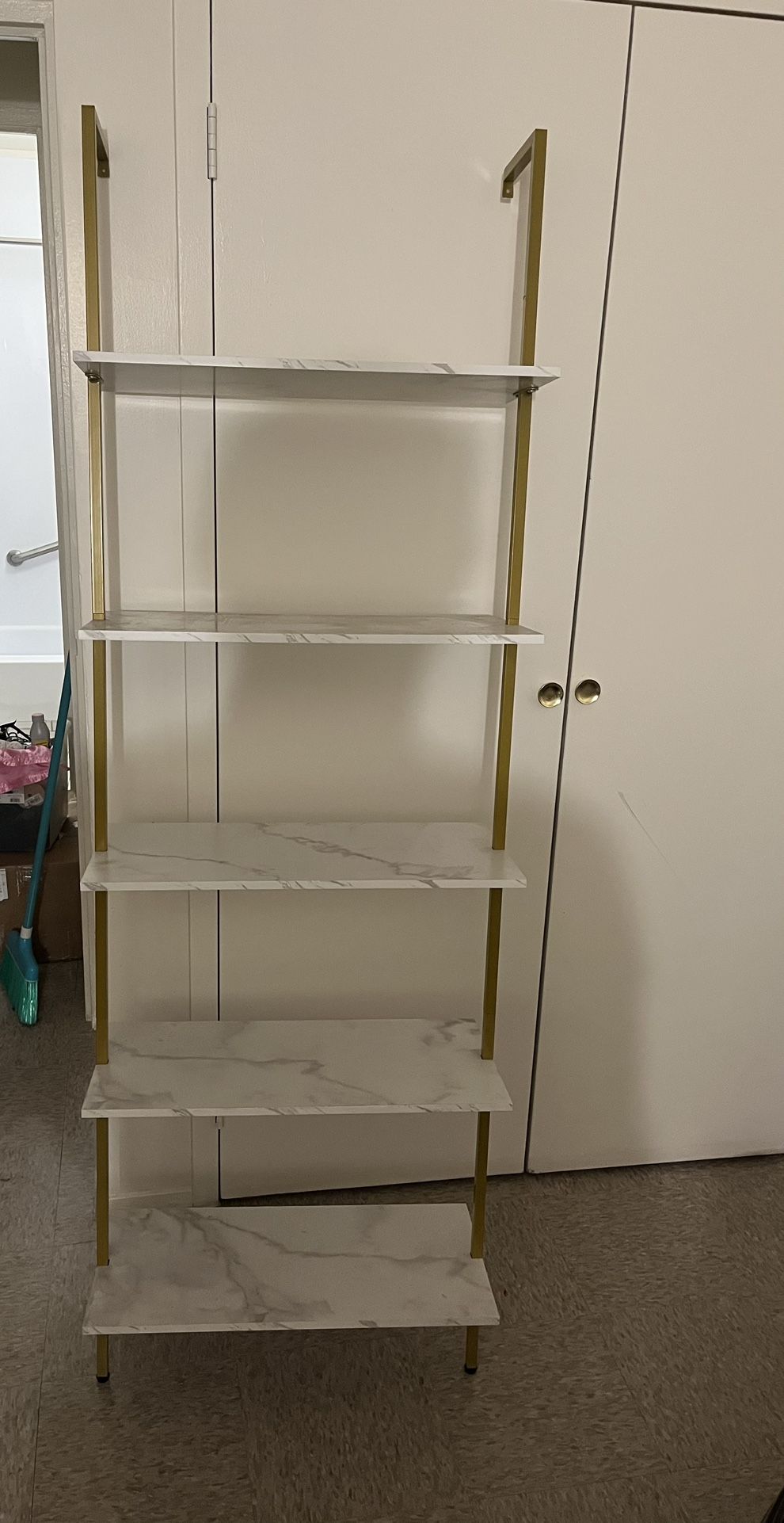 (TWO SHELVES) 5 Tiers Ladder 2 Piece Shelf White Marble Modern Bookshelf Wall Mount