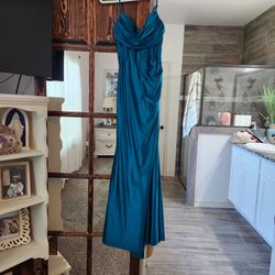 Teal Satin Cowl Neck Maxi Dress