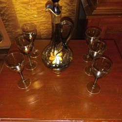 8 Pc Bohemian Smoke Brown Gold Accent Decanter Stopper Cordial Glass Set Vintage