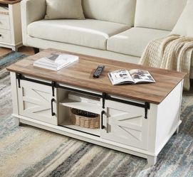 Farmhouse Coffee Table with Sliding Barn Doors & Storage Cabinet for Living Room, 48" Modern Center Table, Adjustable Shelves, Rustic White