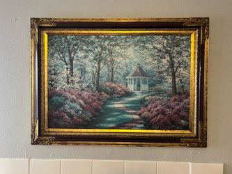 “A World Away" Framed Landscape Painting – Gazebo & Garden Path