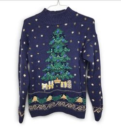 Vintage Marisa Christina 1994 Christmas Tree Embellished Sweater Navy Blue Med