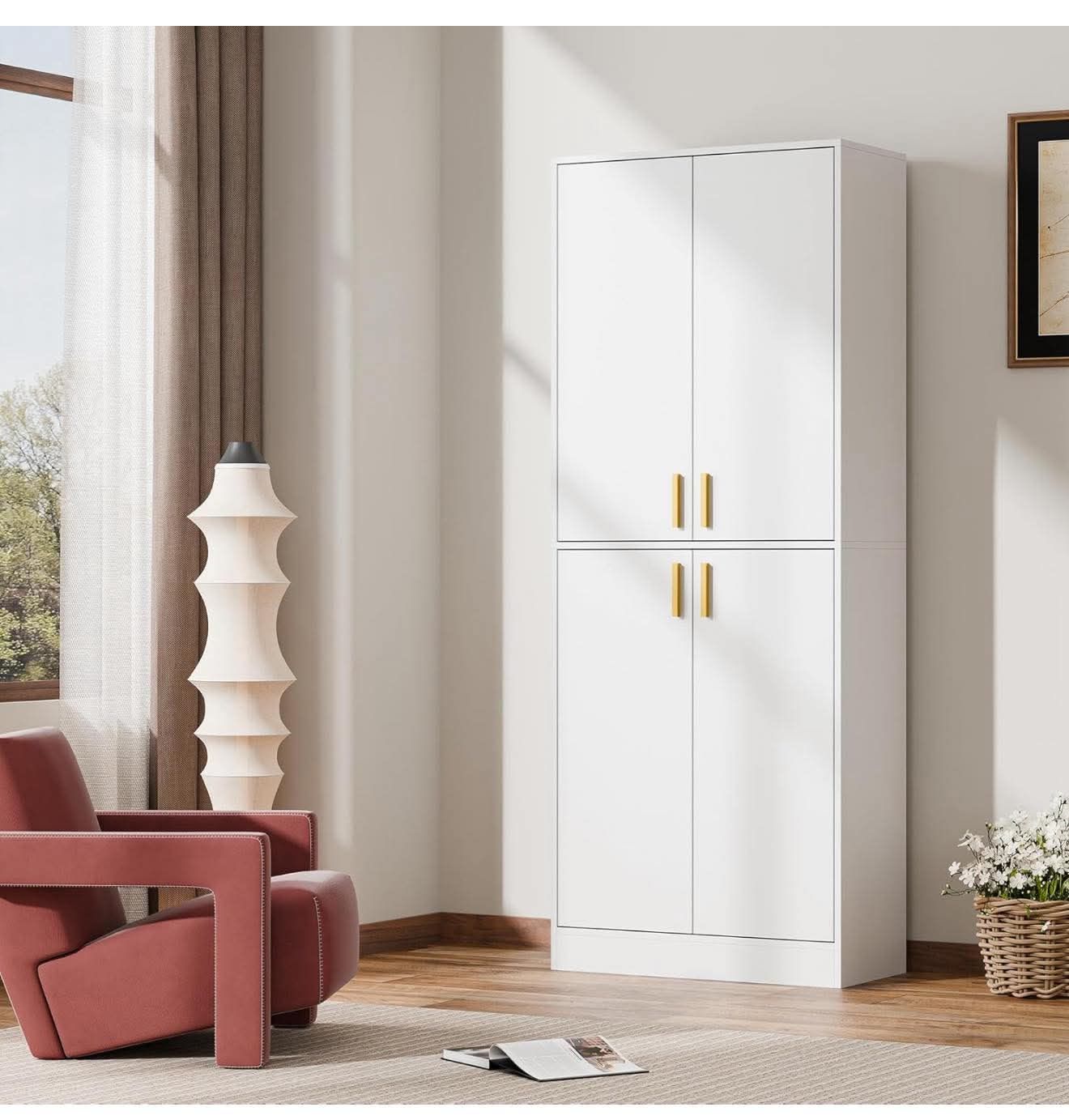 Kitchen Pantry, 71" Tall Wooden Storage Cabinet with Doors and Shelves 4 Doors Freestanding, White W-3