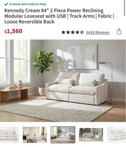 Kennedy Cream 84" 2 Piece Power Reclining Modular Loveseat with USB | Track Arms | Fabric | Loose Reversible Back