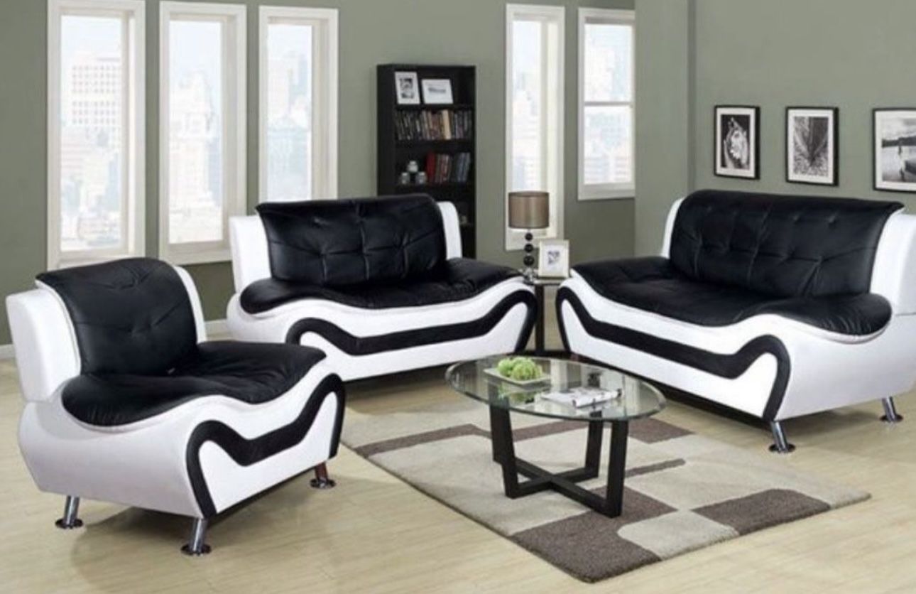 New Black And White Leather Modern Style Three Piece Couch Set