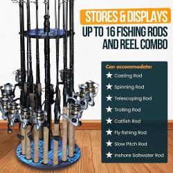 Rush Creek Creations Round Rotating Fishing Rod Rack, holds 16 freshwater fishing rods, equipment, and accessories $20