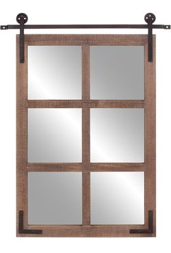Patton Wall Decor 33x26 Sliding Barn Door Wood Window Wall Mirror, Brown