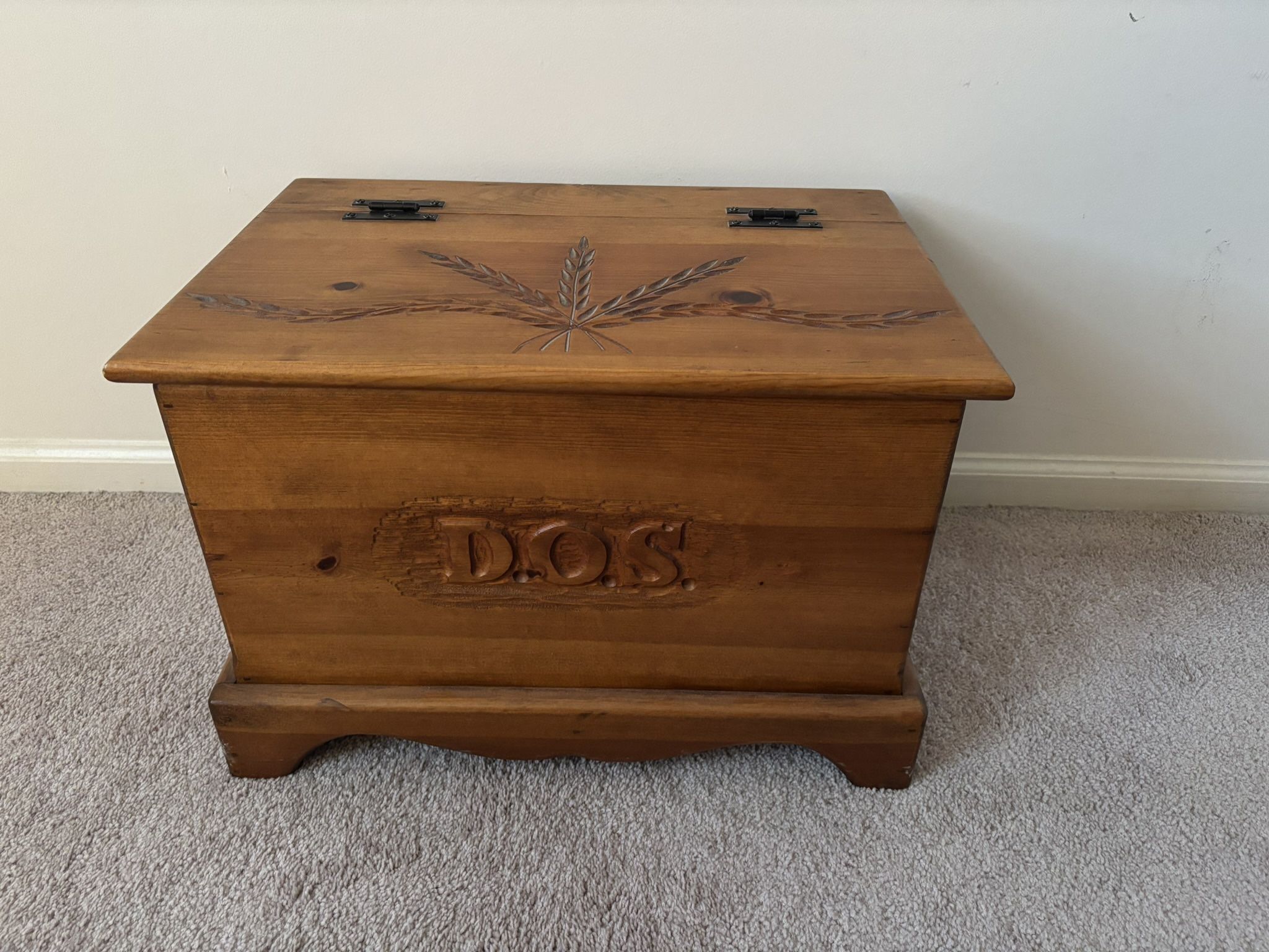 Small Handcrafted Wooden Pine Chest, hinged top door, 22”W x 15”H x 15”D, excellent condition.
