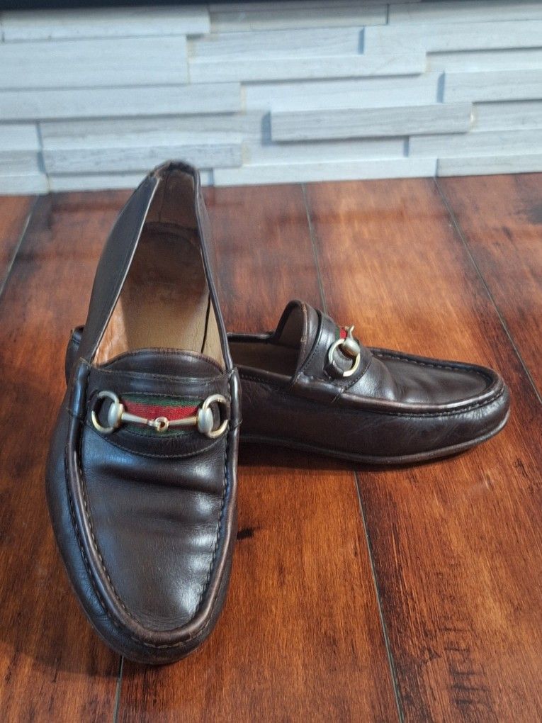Gucci 80s Men’s Brown Leather 1953 Gold Horsebit Loafers Green Red Web 42 USA 9