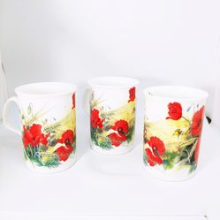 Lot of 3 Roy Kirkham Poppy's Coffee Mug Fine Bone China Vintage 1991 Set