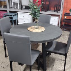 Gray Round Dining Set With 4 High Back Chairs 