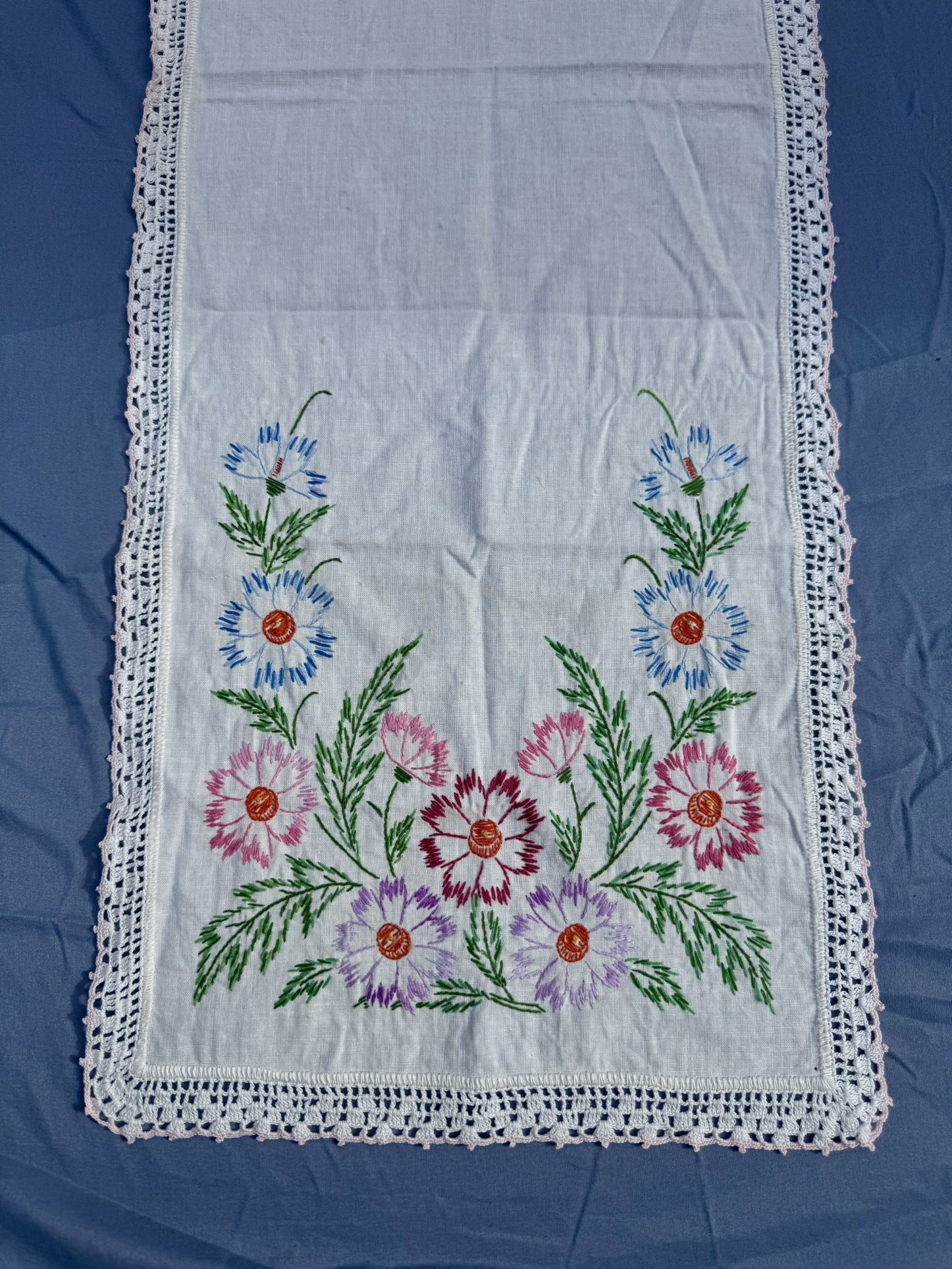 VTG Floral Dresser Scarf Table Runner Hand Embroidery 14x42 Lace Trim Multicolor