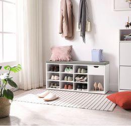 Storage Bench, Entryway Bench with Cushion, Drawer and Open Compartments, Bench with Storage, Living Room, Bedroom, Closet, White and Gray ULHS24WT
